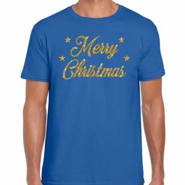 Blauw fout t shirt merry christmas gouden letters heren