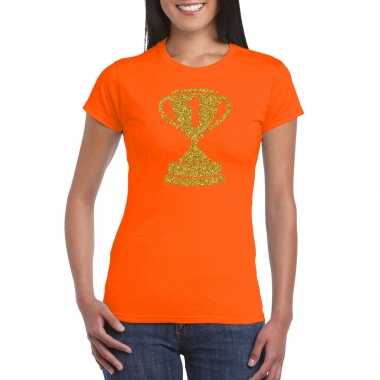 Gouden kampioens beker / nummer 1 t shirt / kleding oranje dames
