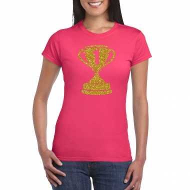 Gouden kampioens beker / nummer 1 t shirt / kleding roze dames