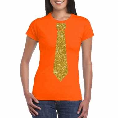 Oranje fun t shirt stropdas glitter goud dames