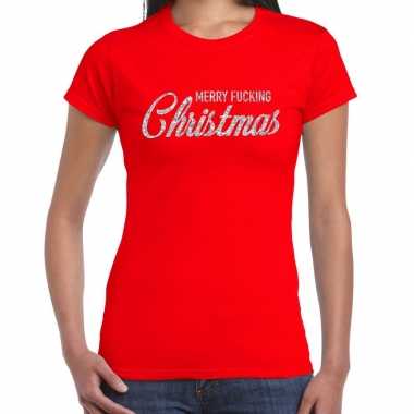Rode foute kerst t shirt merry fucking christmas zilveren letters dames