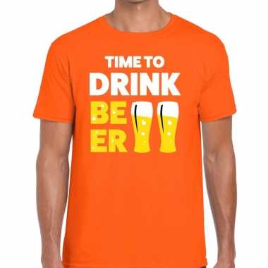 Time to drink beer tekst t shirt oranje heren