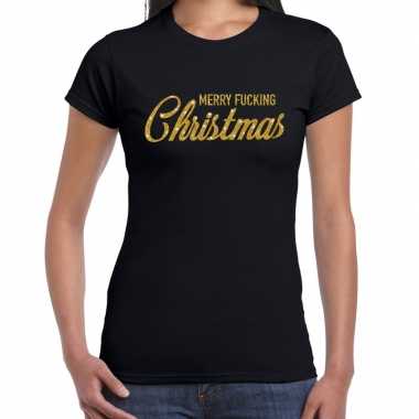 Zwarte foute kerst t shirt merry fucking christmas gouden letters dames
