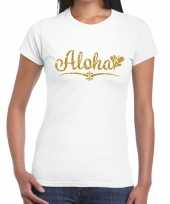 Aloha goud glitter hawaii t-shirt wit dames