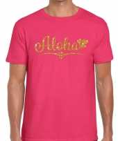 Aloha gouden glitter hawaii t-shirt roze heren