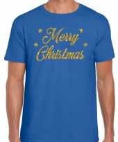 Blauw fout t-shirt merry christmas gouden letters heren