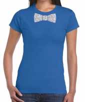 Blauw fun t-shirt vlinderdas glitter zilver dames