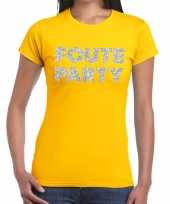 Foute party zilveren glitter tekst t-shirt geel dames