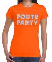 Foute party zilveren glitter tekst t-shirt oranje dames
