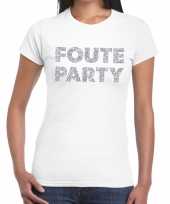Foute party zilveren glitter tekst t-shirt wit dames