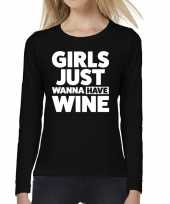 Girls just wanna have wine tekst t-shirt long sleeve zwart voor