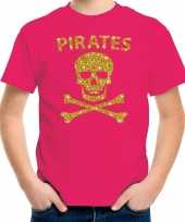 Gouden glitter carnavalskleding piraten shirt roze kids