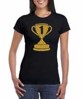 Gouden kampioens beker nummer 1 t-shirt kleding zwart dames
