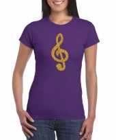 Gouden muzieknoot g sleutel muziek feest t-shirt kleding paars dames