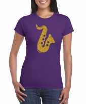 Gouden saxofoon muziek t-shirt kleding paars dames