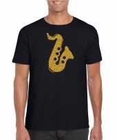 Gouden saxofoon muziek t-shirt kleding zwart heren