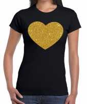 Hart goud glitter fun t-shirt zwart dames