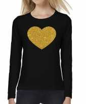 Hart goud glitter t-shirt long sleeve zwart dames