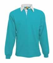 Heren turquoise rugbyshirt witte kraag