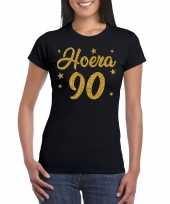 Hoera 90 jaar verjaardag cadeau t-shirt goud glitter zwart dames