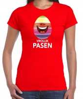 Lachend paasei vrolijk pasen t-shirt rood dames paas kleding outfit