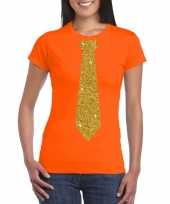 Oranje fun t-shirt stropdas glitter goud dames
