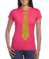 Roze fun t-shirt stropdas glitter goud dames