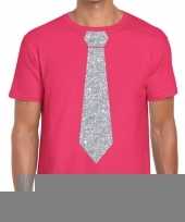 Roze fun t-shirt stropdas glitter zilver heren
