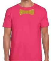 Roze fun t-shirt vlinderdas glitter goud heren