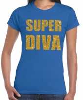 Super diva gouden glitter tekst t-shirt blauw dames