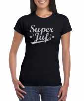Super juf cadeau t-shirt zilveren glitters zwart dames