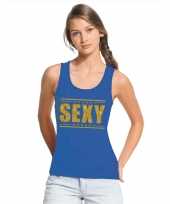 Toppers sexy tanktop mouwloos shirt blauw gouden glitters dames