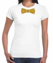 Wit fun t-shirt vlinderdas glitter goud dames