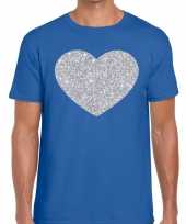 Zilver hart glitter fun t-shirt blauw heren