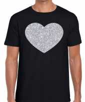 Zilver hart glitter fun t-shirt zwart heren