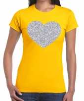 Zilveren hart glitter t-shirt geel dames