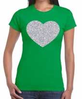 Zilveren hart glitter t-shirt groen dames