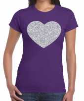 Zilveren hart glitter t-shirt paars dames