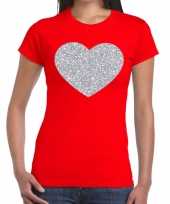 Zilveren hart glitter t-shirt rood dames