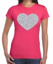 Zilveren hart glitter t-shirt roze dames