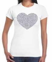 Zilveren hart glitter t-shirt wit dames