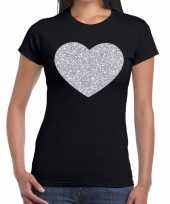 Zilveren hart glitter t-shirt zwart dames