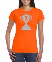 Zilveren kampioens beker nummer 2 t-shirt kleding oranje dames