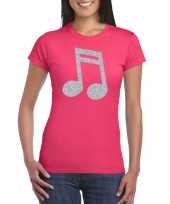 Zilveren muziek noot muziek feest t-shirt kleding roze dames