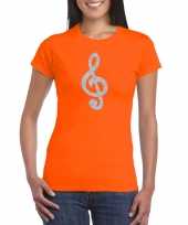 Zilveren muzieknoot g sleutel muziek feest t-shirt kleding oranje dames