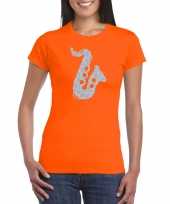 Zilveren saxofoon muziek t-shirt kleding oranje dames