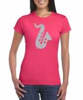 Zilveren saxofoon muziek t-shirt kleding roze dames