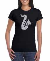 Zilveren saxofoon muziek t-shirt kleding zwart dames