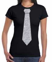 Zwart fun t-shirt stropdas glitter zilver dames