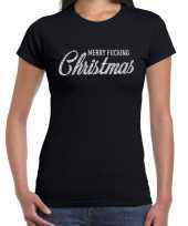 Zwarte foute kerst t-shirt merry fucking christmas zilveren letters dames